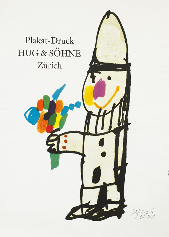 Cartoon-like clown holds flowers; white, black, yellow, blue, green, pink