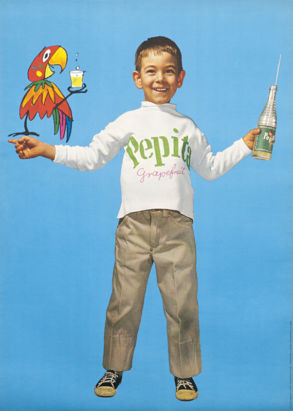 Standing boy, parrot on one hand and bottle of Pepita on other; blue background, red, green, yellow, brown