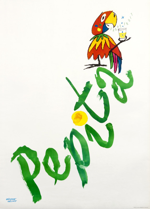 Parrot perched up top "Pepita"  drinks from bubbling glass; green, red, yellow, pink, blue