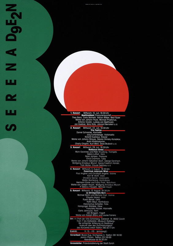 Abstract sun, moon and clouds; green, red, black, white