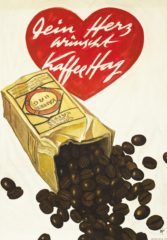 A bag of coffee beans spills; red, brown, yellow