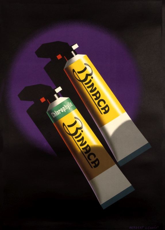 Two tubes of Binaca, on a purple background, highlighted by a spotlight;  purple, black, yellow, white