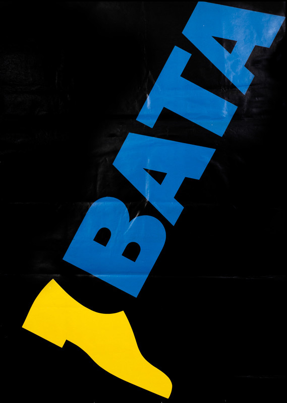 Shoe connected to leg made up of the BLUE letters BATA; black, blue