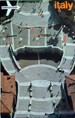 View from air of Spanish steps in Rome; gray, orange text