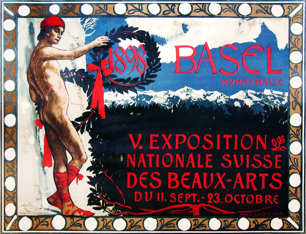 Naked man holds wreath, mountains in back; red, blue, white