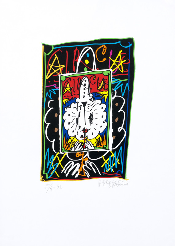 Clown's portrait playing instrument in black and multicolored rectangle; black, white, red, blue