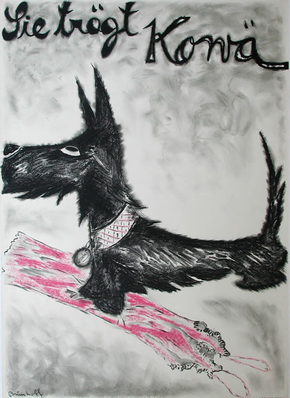 Scottie dog looks up with woman's petticoat under foot; pink, black