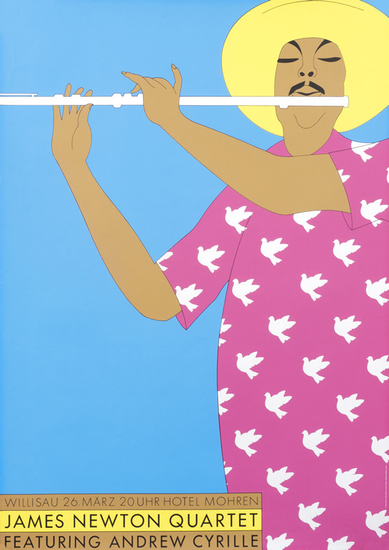 Black man in bird-covered shirt and hat plays flute; pink, blue, yellow, brown, pastel