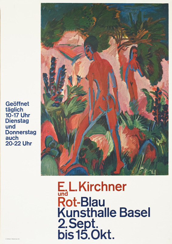 fauvist painting of two nude women in lush landscape; red, blue, green