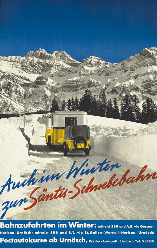 Swiss van and trailer drive down snowy road toward mountain; blue, yellow