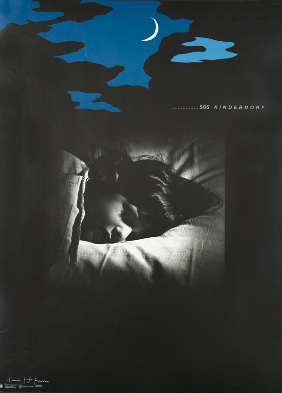 sleeping child under bue and black sky with moon