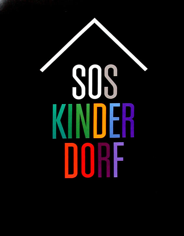 multicolored text under roof shape; black field