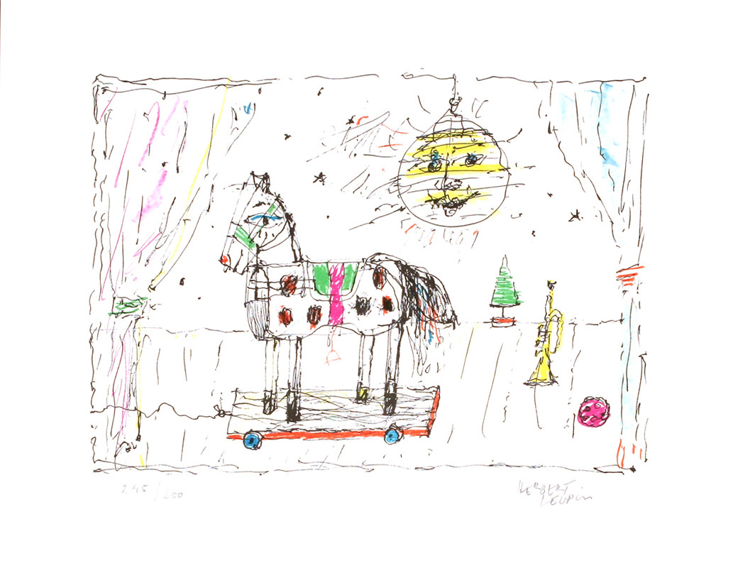 Horse on wheels in theater setting with curtains and sun lamp; yellow, blue, pink, green