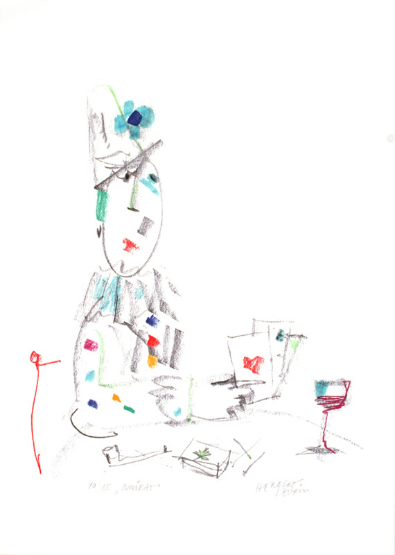 Clown playing cards sits at table; black, magenta, blue