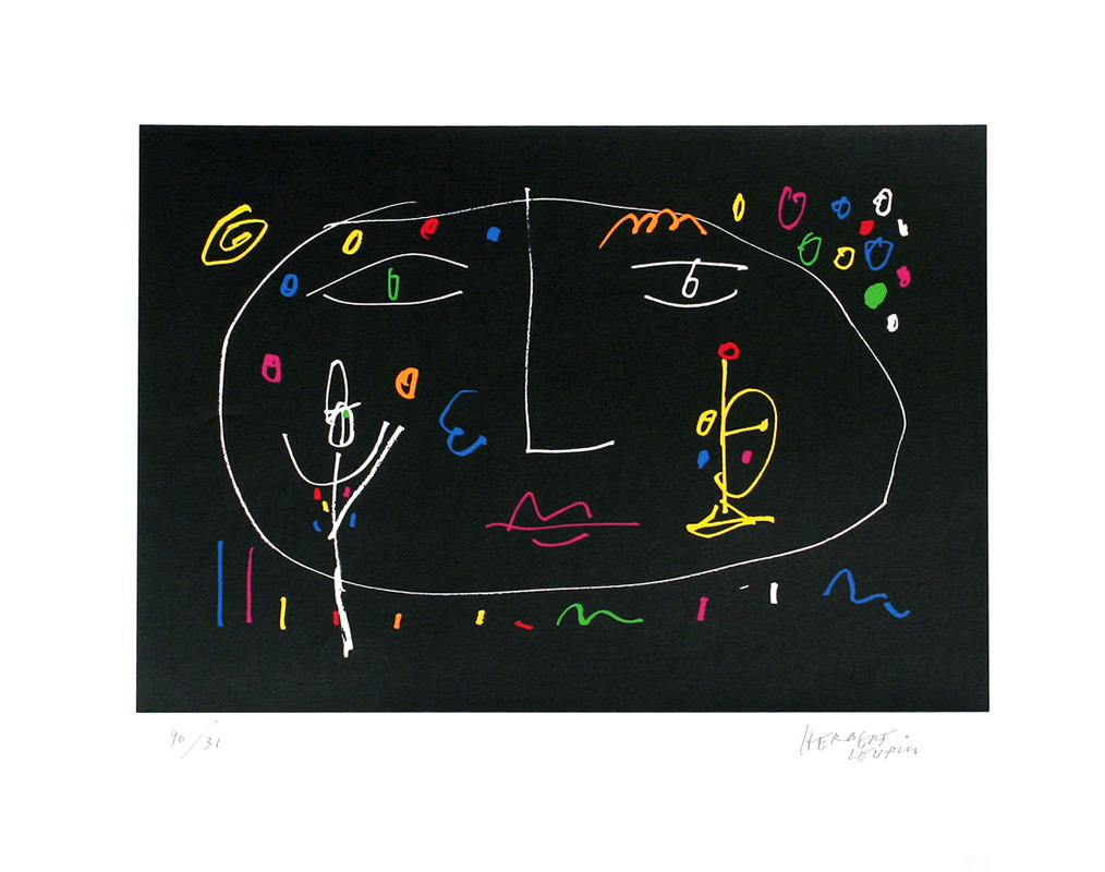 Outlines of trumpet and dancer in front of face; black background, yellow, pink, blue, green