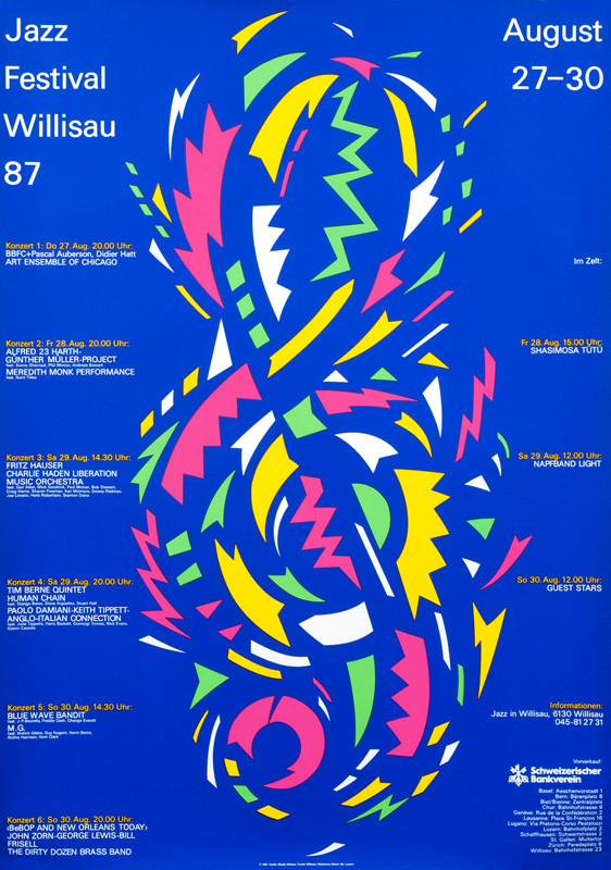 Abstract treble clef; pink, blue, white, yellow, green