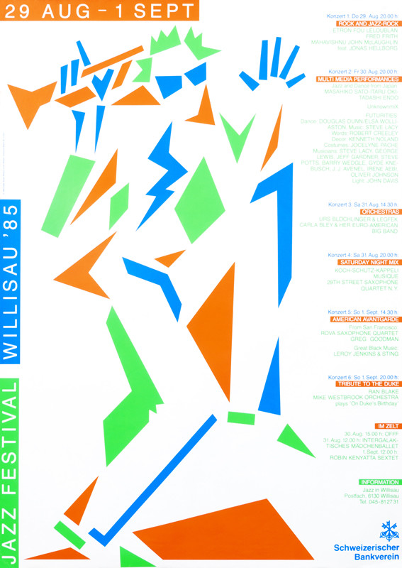 Abstract trumpet player dancing; orange, green, blue