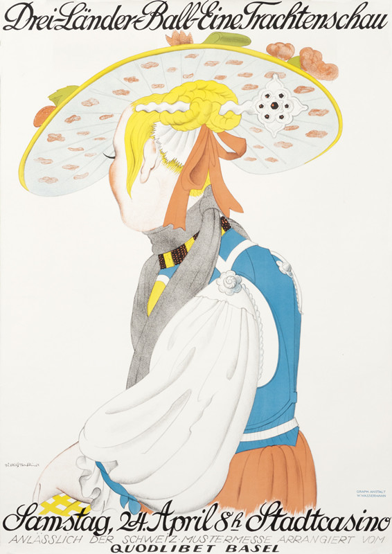 Woman with hat facing away; pink, yellow, blue, gray