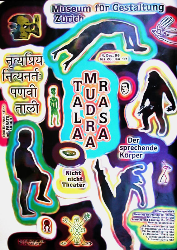 Abstract neon spray-painted designs of figures; blue, red, yellow, green