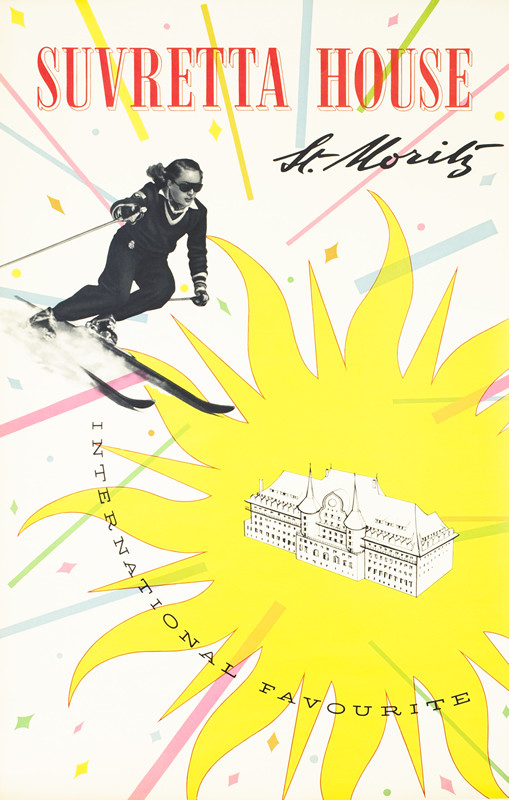 Skier, hotel superimposed on sunshie, confetti; yellow