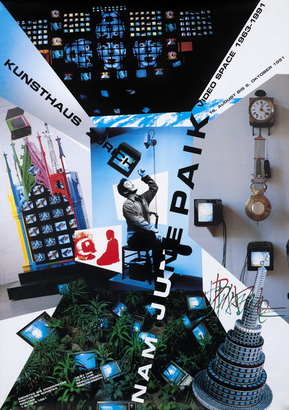 Artist at center of video installations; blue, green, gray, red