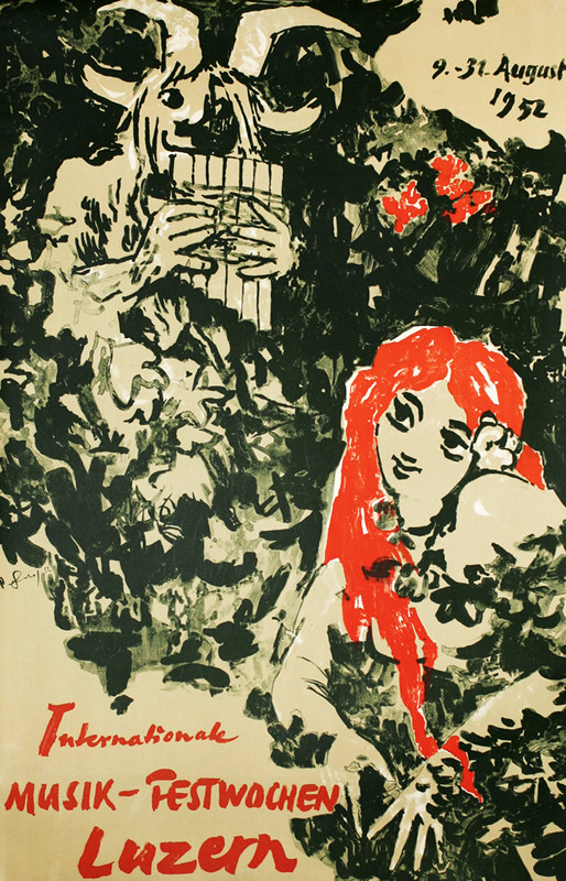 Satyr and nymph in woods; black, red