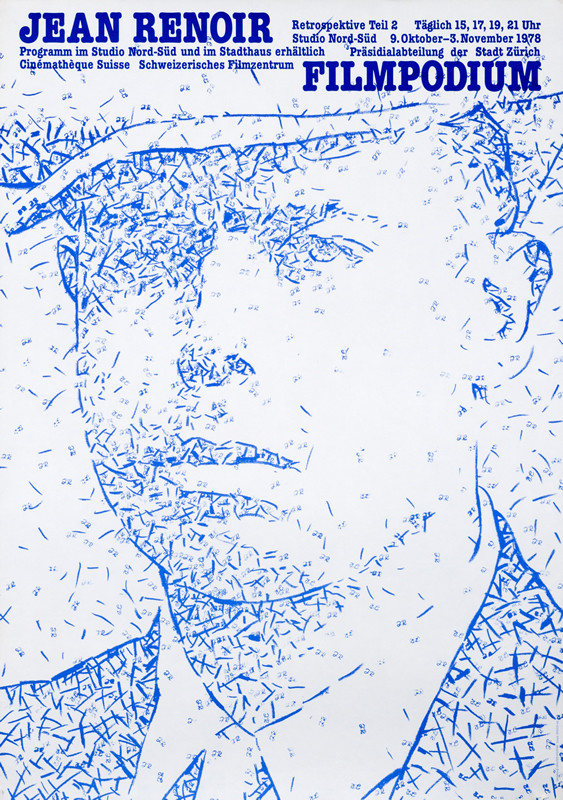 Portrait of the auteur with his initials providing depth; blue