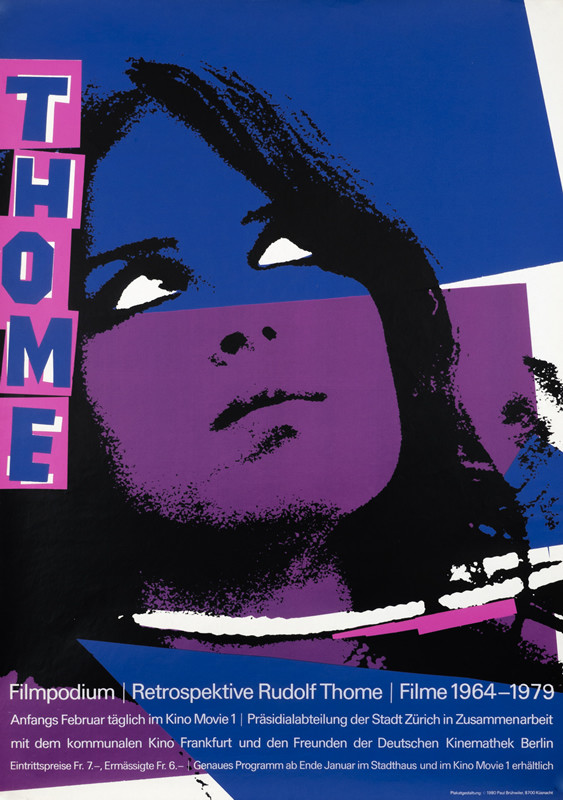 Woman with upward gaze; purple, blue