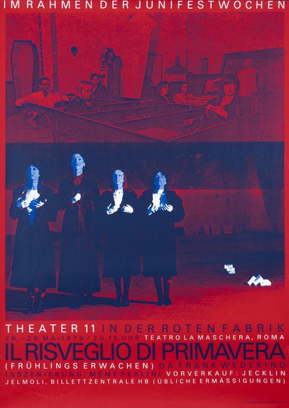 Four figures bare their breasts; red, blue