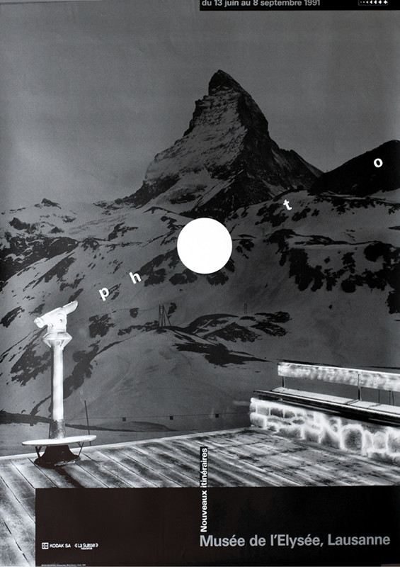 Viewing platform with telescope at Matterhorn; black, white
