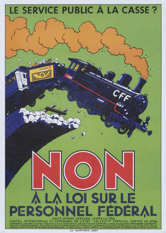 Train goes over broken tracks; green, red, purple