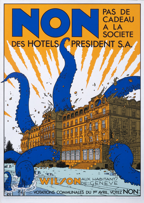 Giant octopus erupts from hotel; blue, orange
