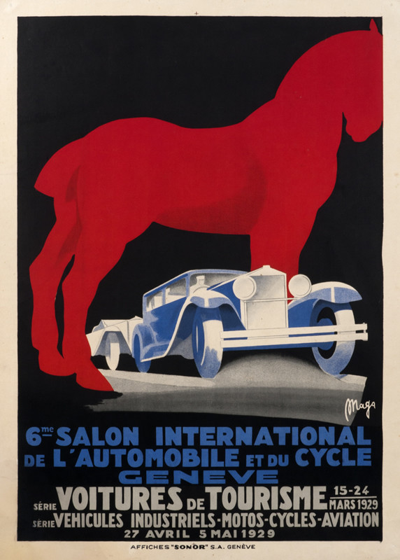 Cars ride between legs of horse; red, blue, black