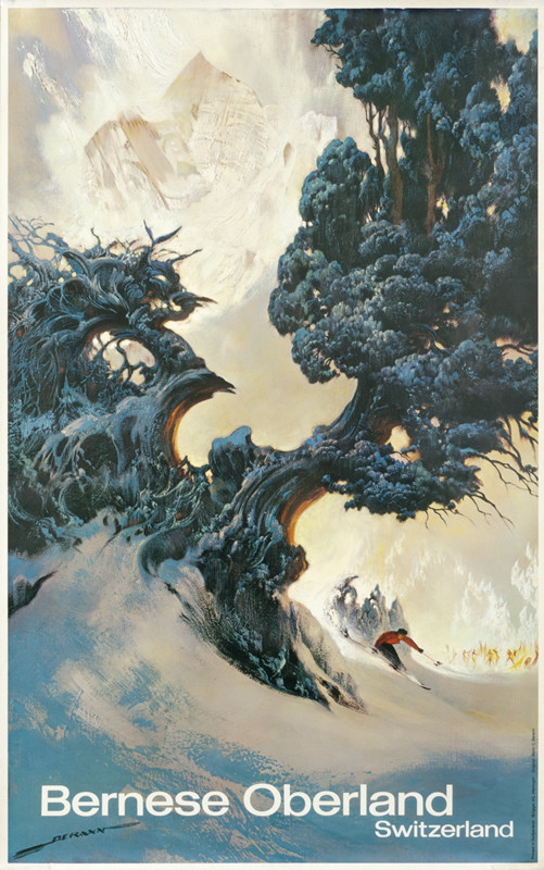 Skier rounds krumholz on steep slope; green, gray, brown