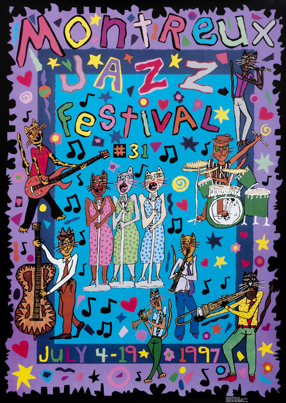 Cats play musical instruments and sing; purple, blue,