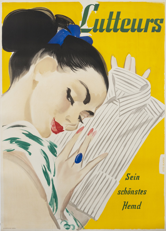 Woman caresses a man's dress shirt; yellow, green