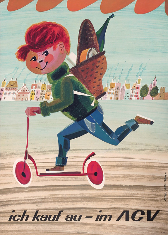 Boy on scooter with bag of groceries; blue, green