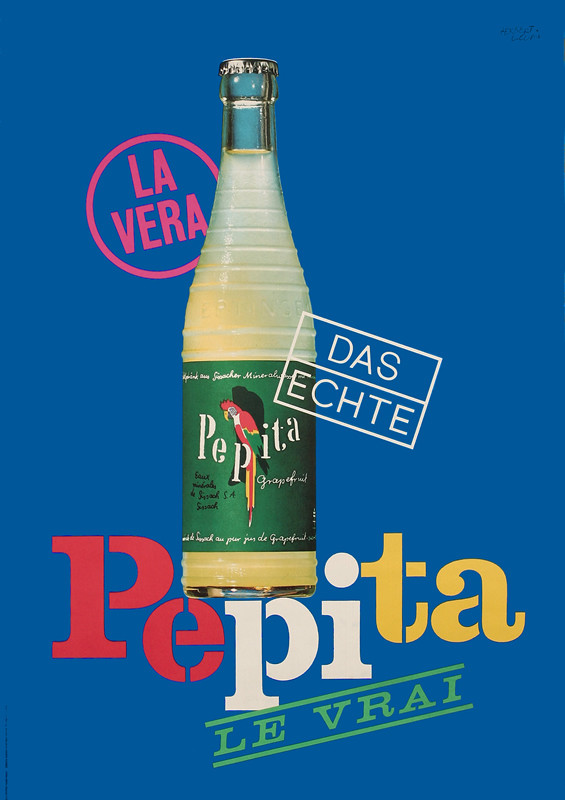 Bottle of Pepita with stamps; blue, pink, yellow