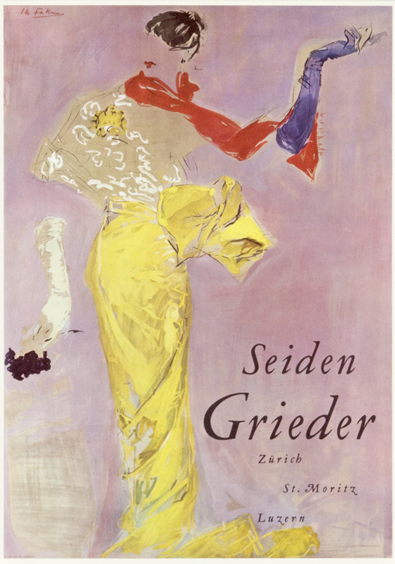Woman in silk evening gown with gloves and scarf; yellow, pink