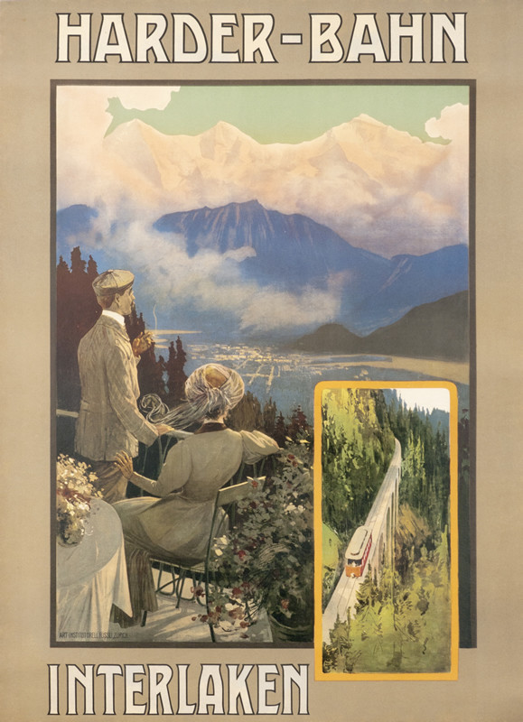 Elegant couple view valley and mountians from balcony, train in vignette below; green, blue, pink, gray