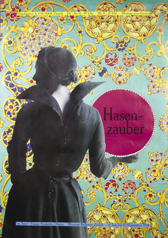 Woman in high fashion ornate illustrated background; red, blue, yellow, black, white