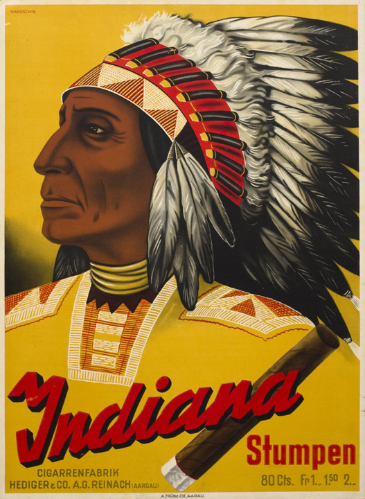 Profile of Indian chief with picture of cigar; yellow, black, red