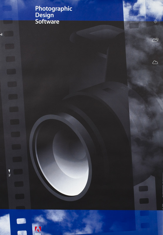 Camera lens, film reel, Adobe logo; blue, black, white