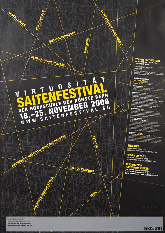 Matrix of intersecting lines with notations, program of events; yellow, black, gray