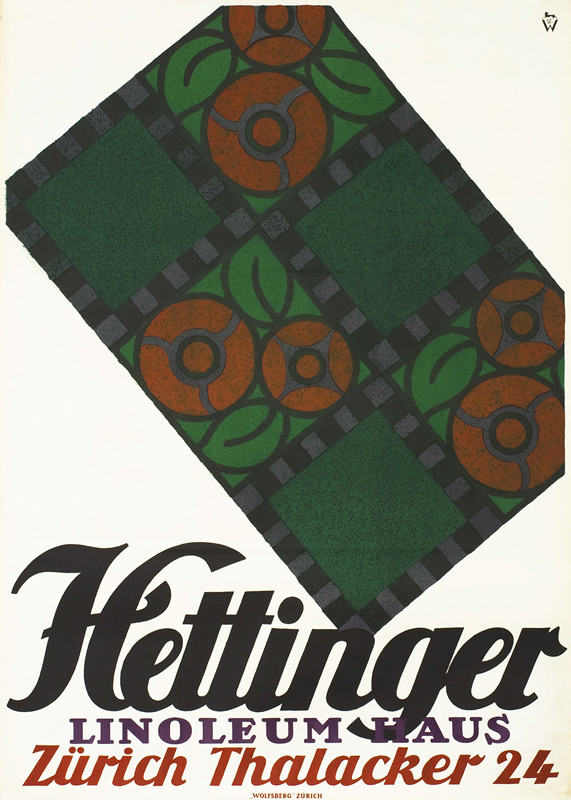 Linoleum flooring tiles alternating  abstract flower and solid designs; green, red, purple, gray
