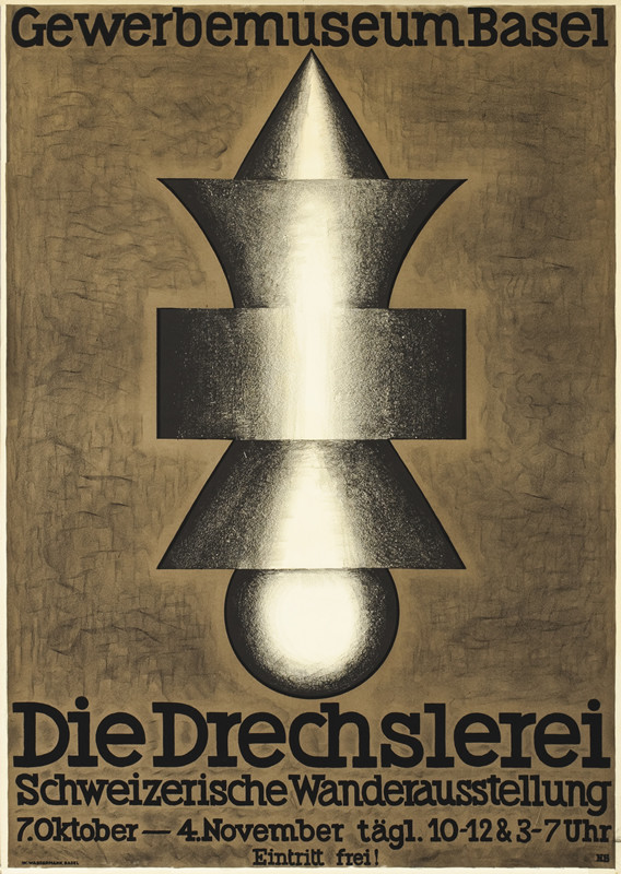 Cubist wooden object with triangular, rectangular and circular elements; brown, gray, black, white