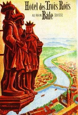 Three kings overlooking city along a river; red, blue, orange