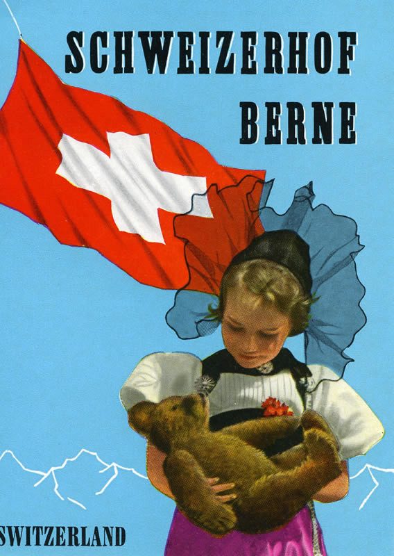 Little girl in traditional clothing holding teddy bear against a Swiss flag and mountainous backdrop; blue, red, pink