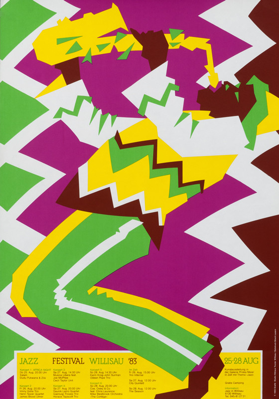 Man plays saxophone, abstract zigzags behind; pink, yellow, green, brown