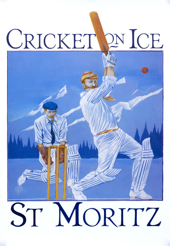 Batsman and wicketkeeper play cricket on ice; forest, mountains behind; blue, white, brown